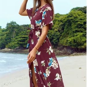 NWT Cupshe maxi length wrap dress, red wine/floral